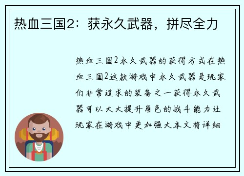 热血三国2：获永久武器，拼尽全力